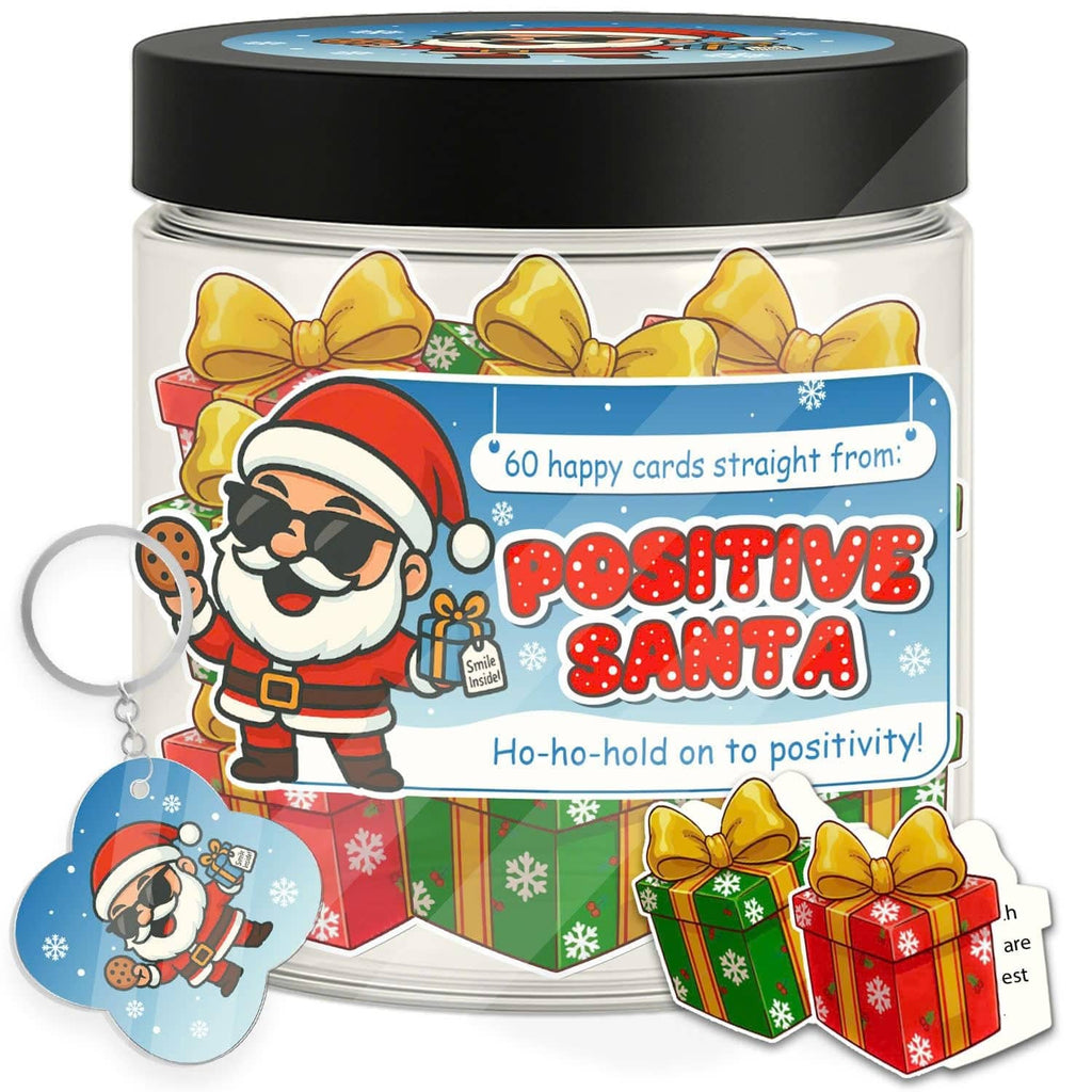 Close-up of black-lidded Santa affirmation card jar with gift icons and keychain charms
