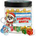 Close-up of black-lidded Santa affirmation card jar with gift icons and keychain charms