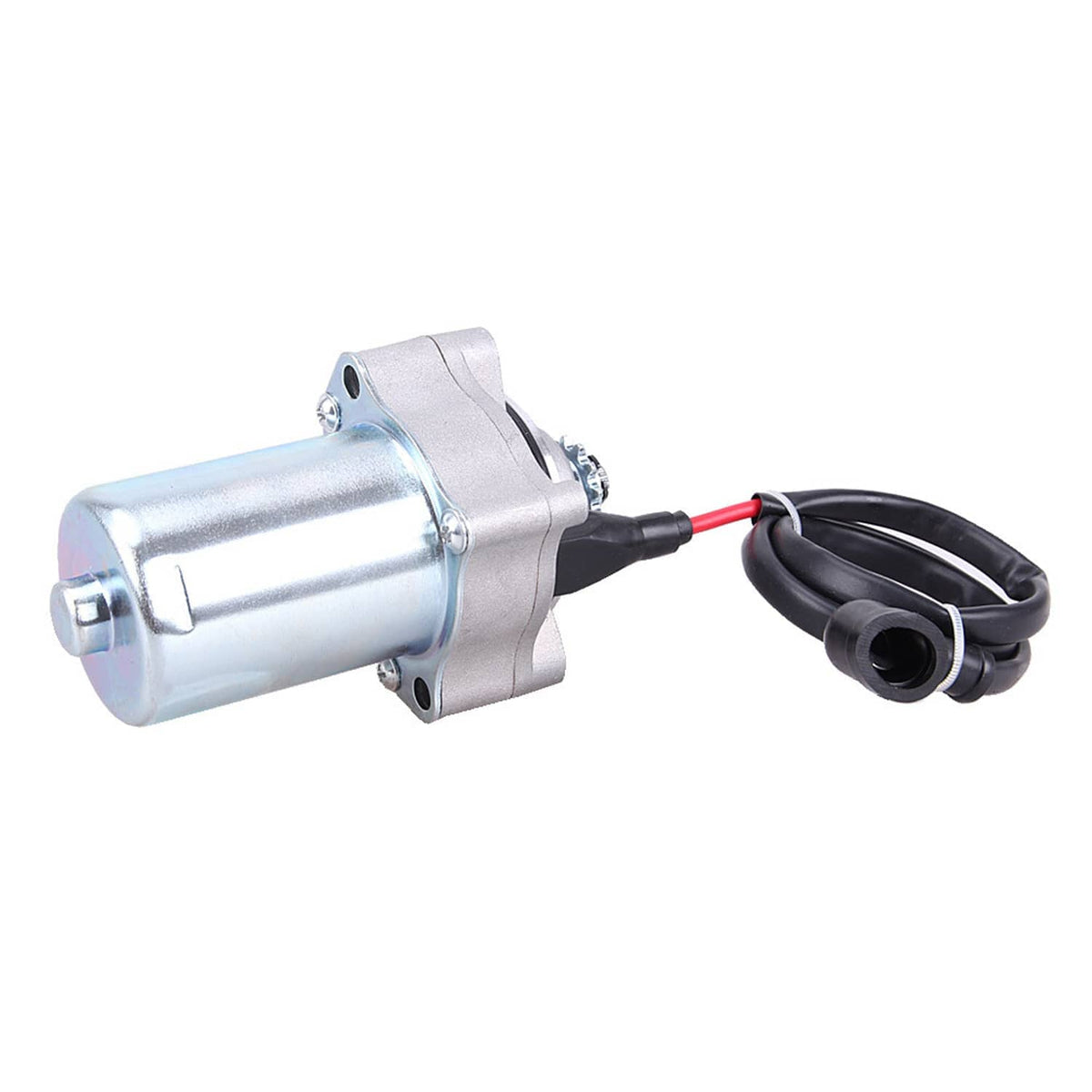 Starter motor with silver canister, black ignition wires, and red connection lead