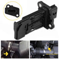 Black mass air flow sensor with mounting tabs and electrical connector port
