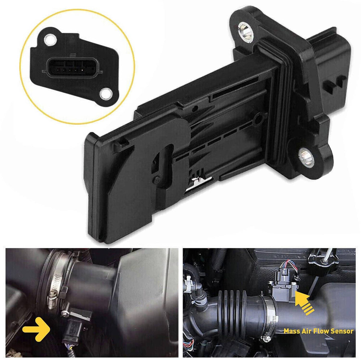 Black mass air flow sensor with mounting tabs and electrical connector port
