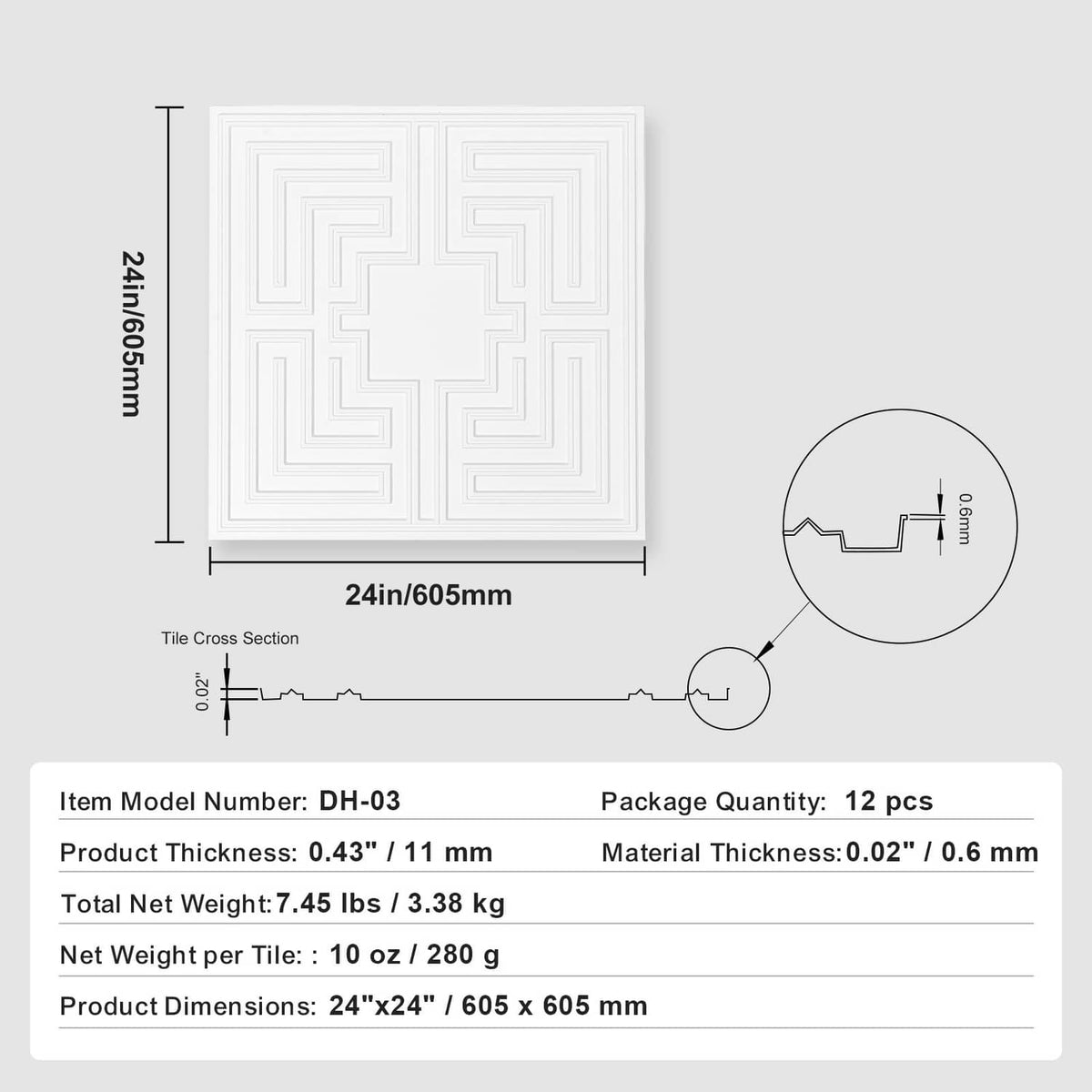 White ceiling tile size diagram: 24x24 in square, echo geometric pattern