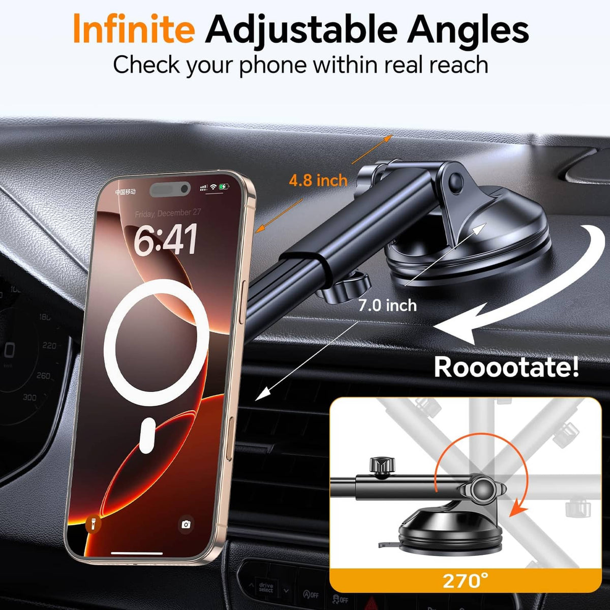 Black adjustable-angle MagSafe car mount with circular phone magnet ring