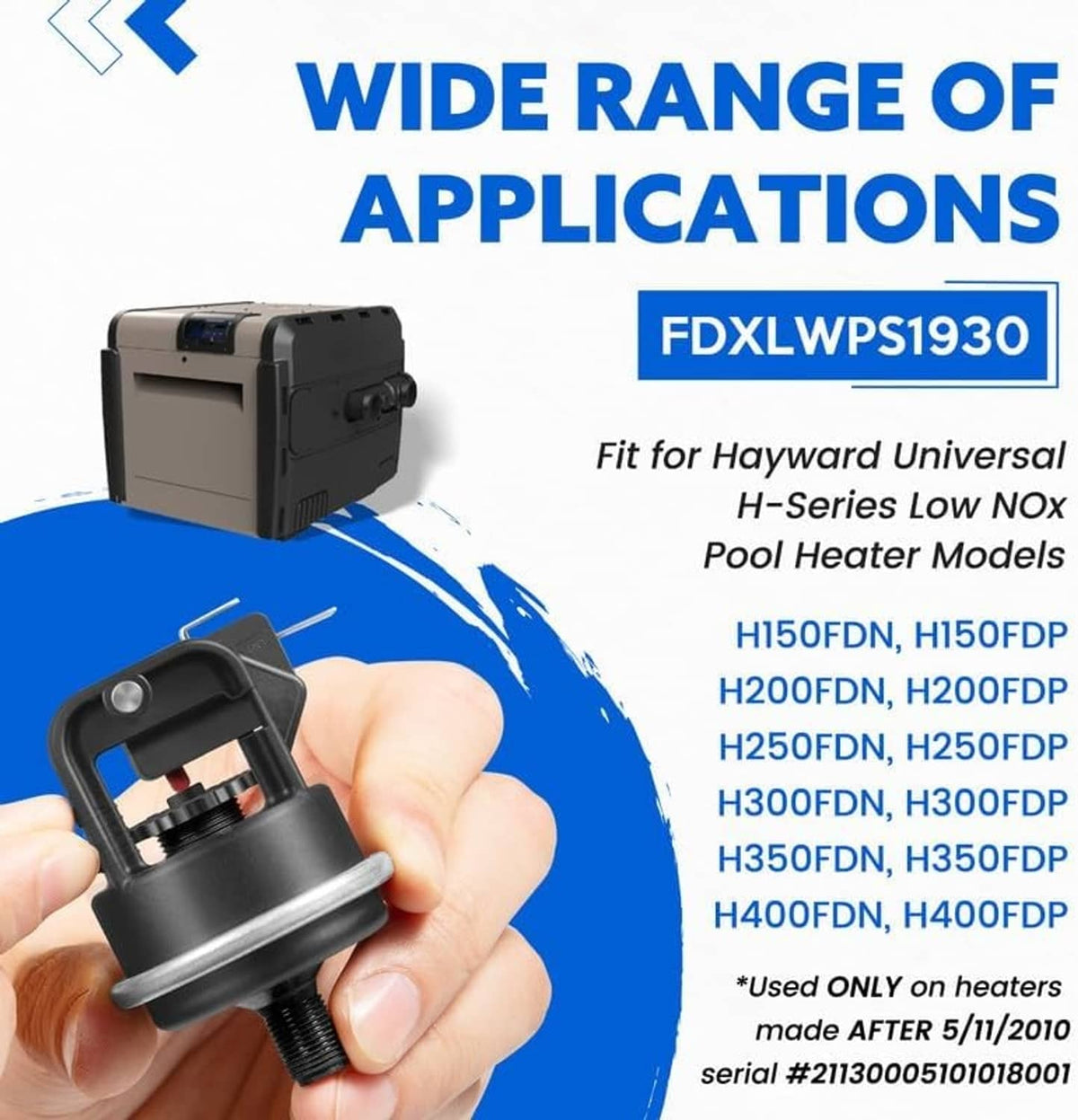 Hayward water pressure switch replacement held in hand, black housing with threaded connection