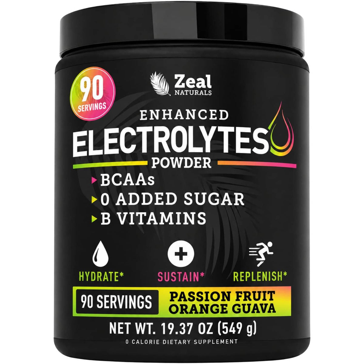 Black electrolytes powder supplement tub, 90 servings, Passion Fruit Orange Guava flavor