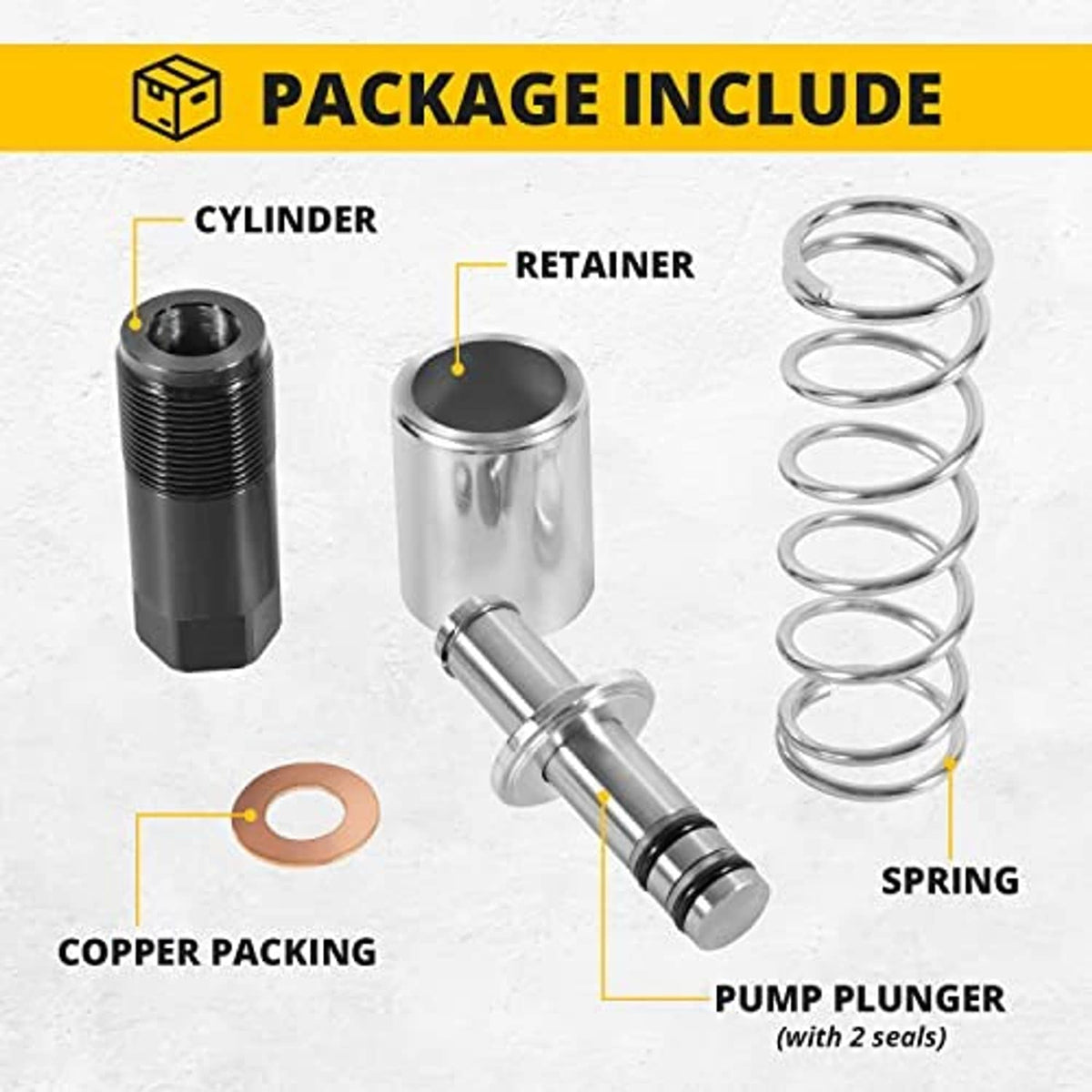 Pump plunger kit contents: cylinder, retainer, spring, plunger with seals, copper packing