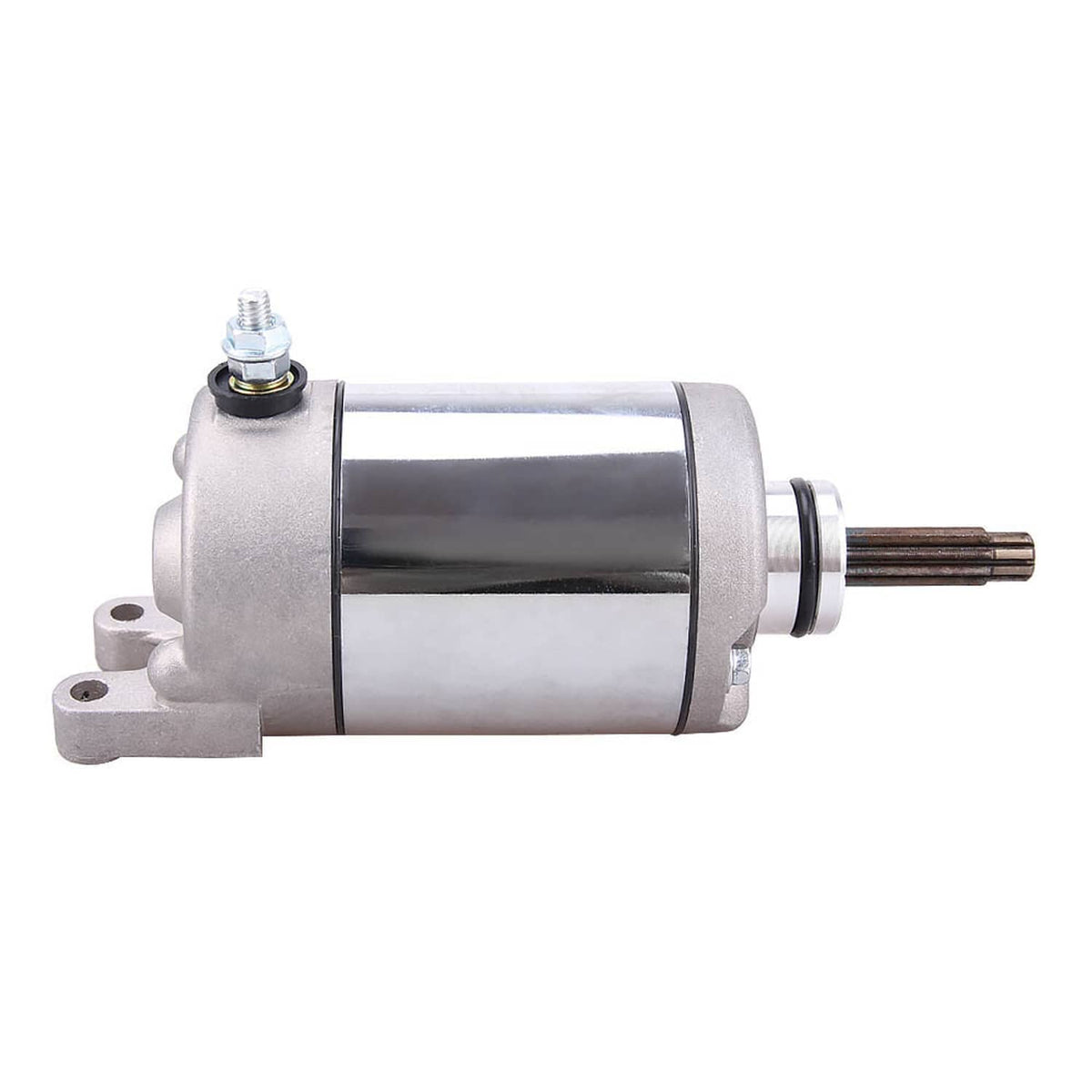 Starter motor assembly, cylindrical silver housing with rear terminal and pinion shaft