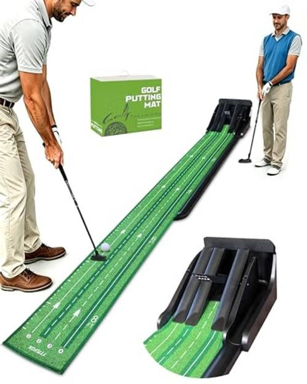 Green putting mat with uphill ramp tracks and black base, showing ball path