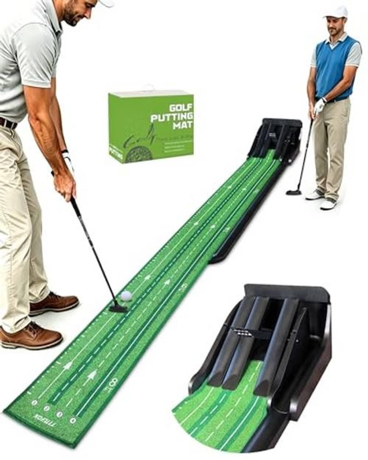 Green putting mat with uphill ramp tracks and black base, showing ball path