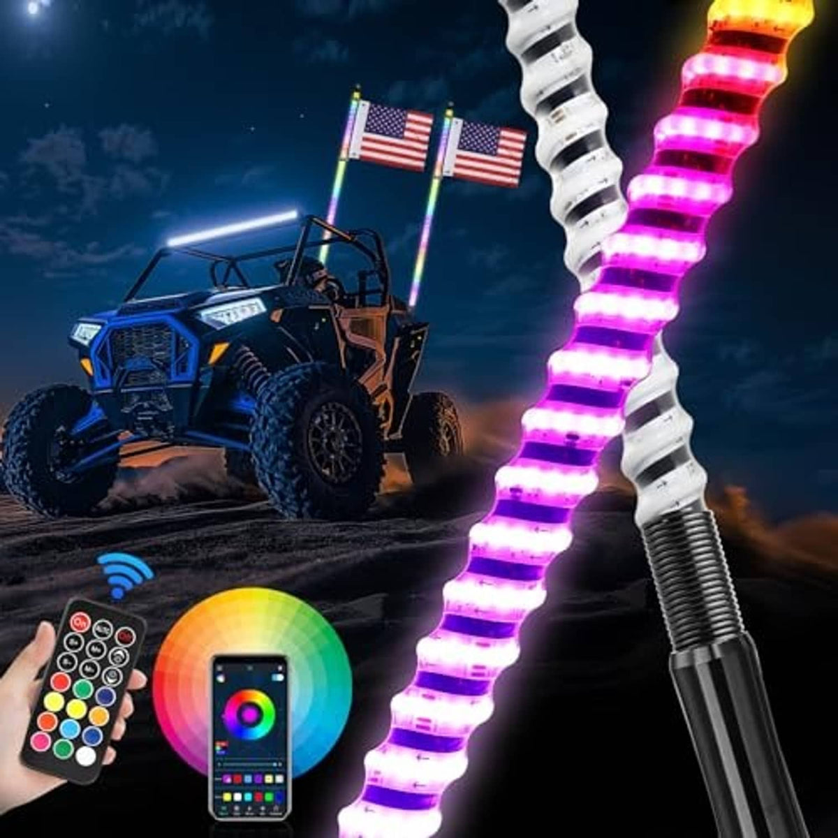 Pair of 4 ft RGB LED whip lights with purple glow and handheld remote