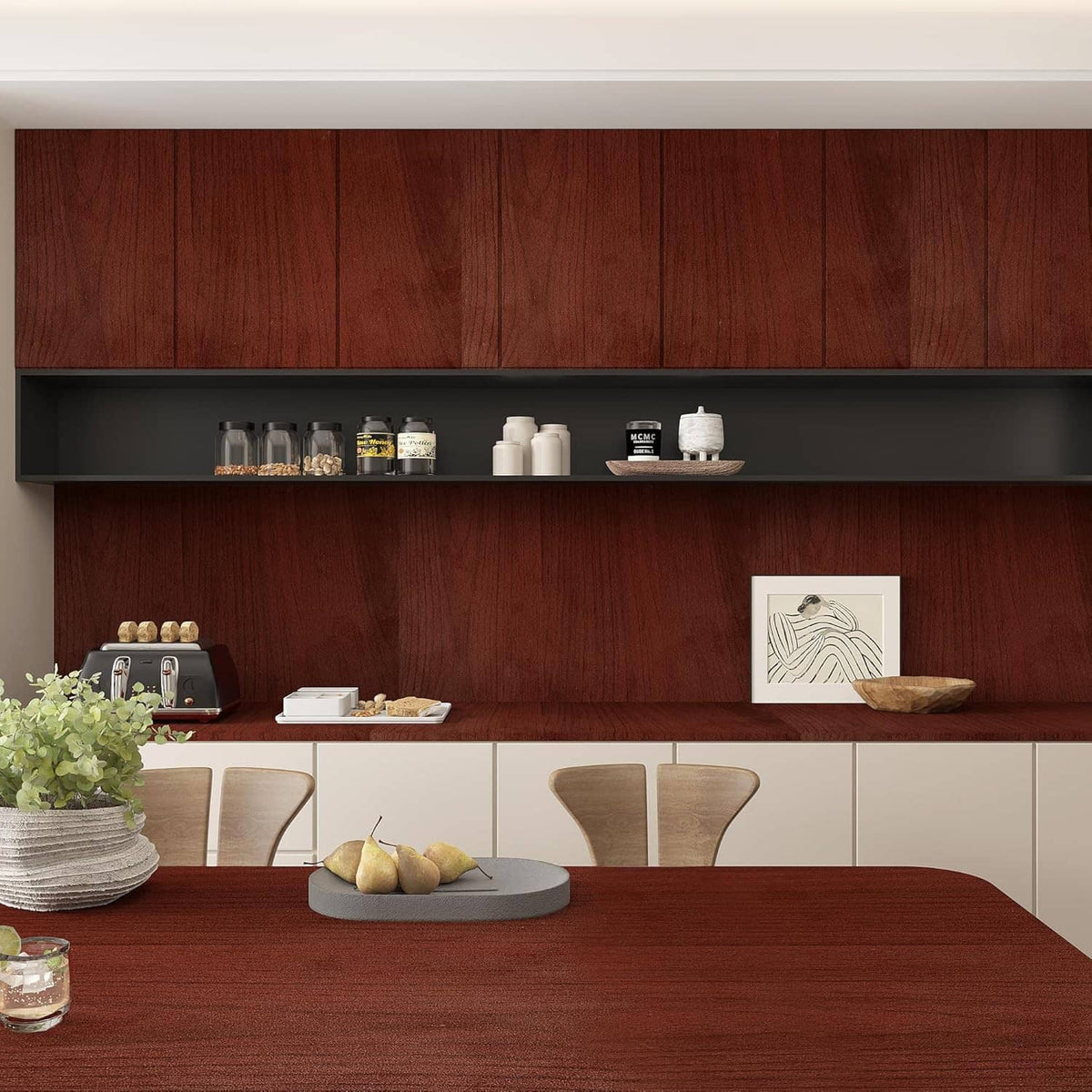 Red-brown cherry wood contact paper on kitchen cabinets and backsplash, woodgrain