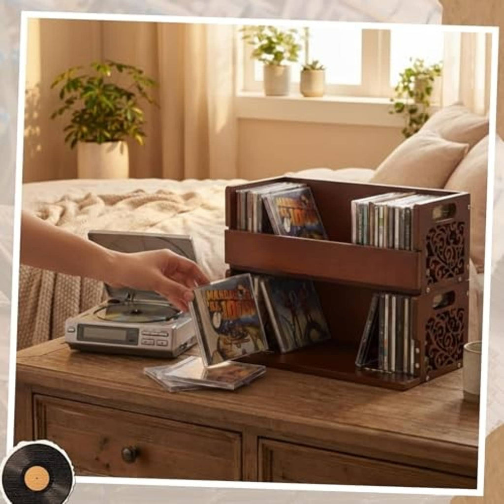 Brown wooden stackable CD storage rack set with side handles, holding CDs