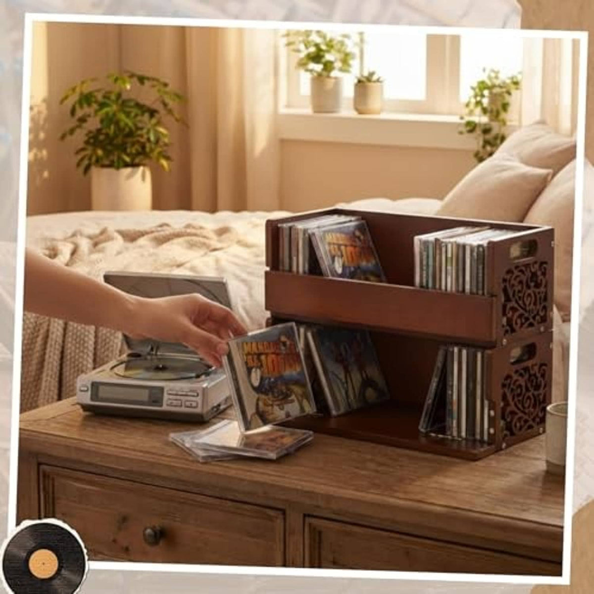 Brown wooden stackable CD storage rack set with side handles, holding CDs