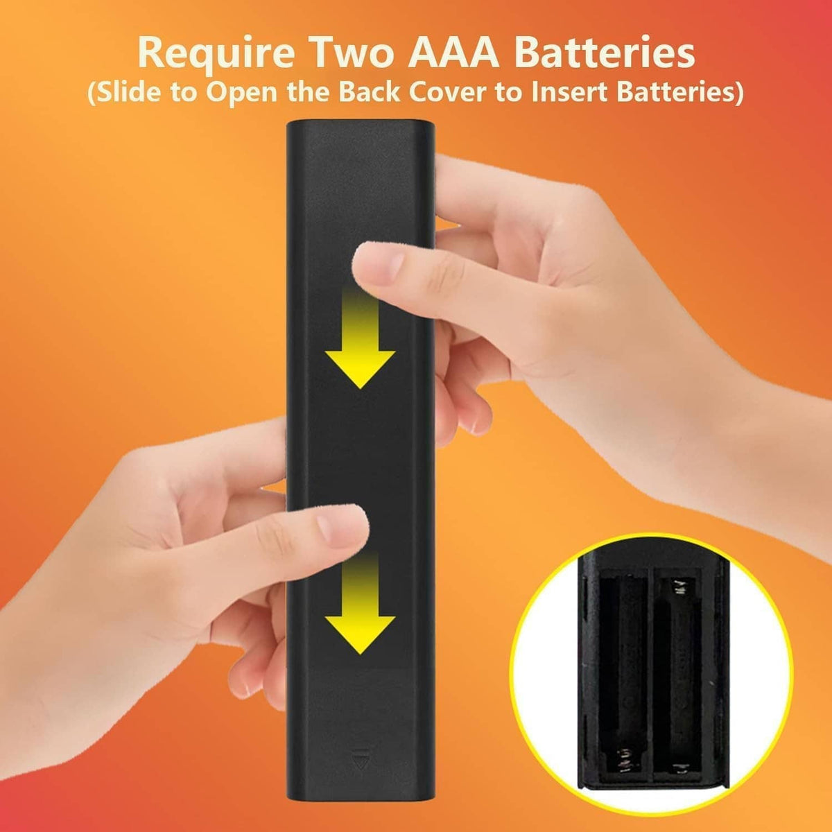 Black TV remote showing open back cover with battery compartment for AAA cells