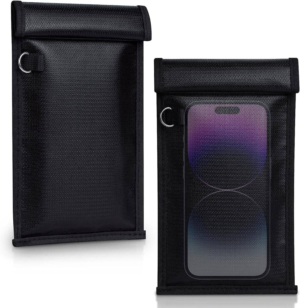 Black fabric phone Faraday bag with front flap and metal D-ring loop