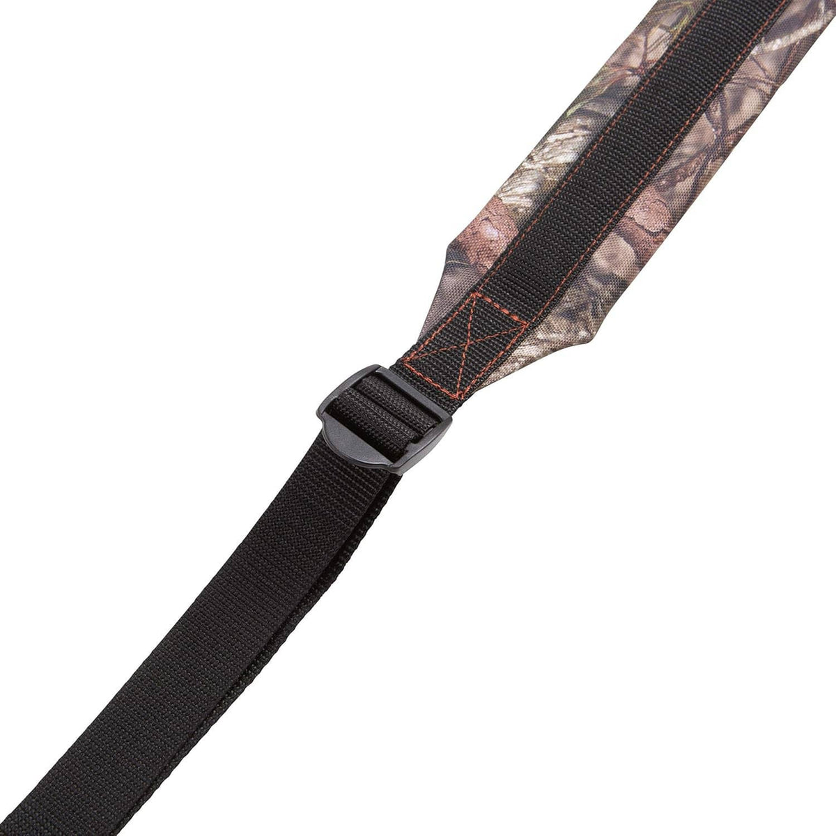 Close-up of padded gun sling strap: black webbing with camouflage fabric near buckle end