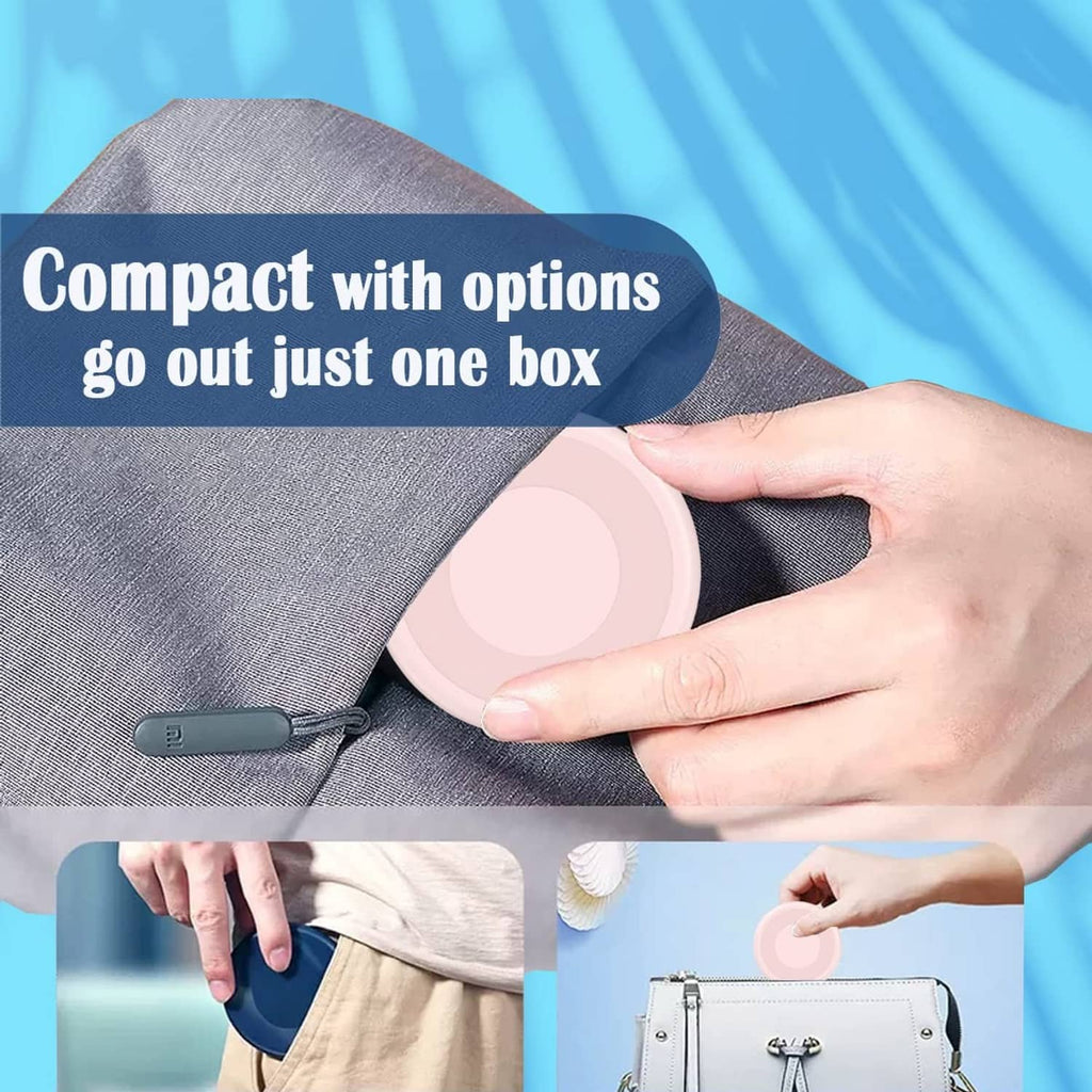 Pink compact charging adapter kit in a travel case, held by hand