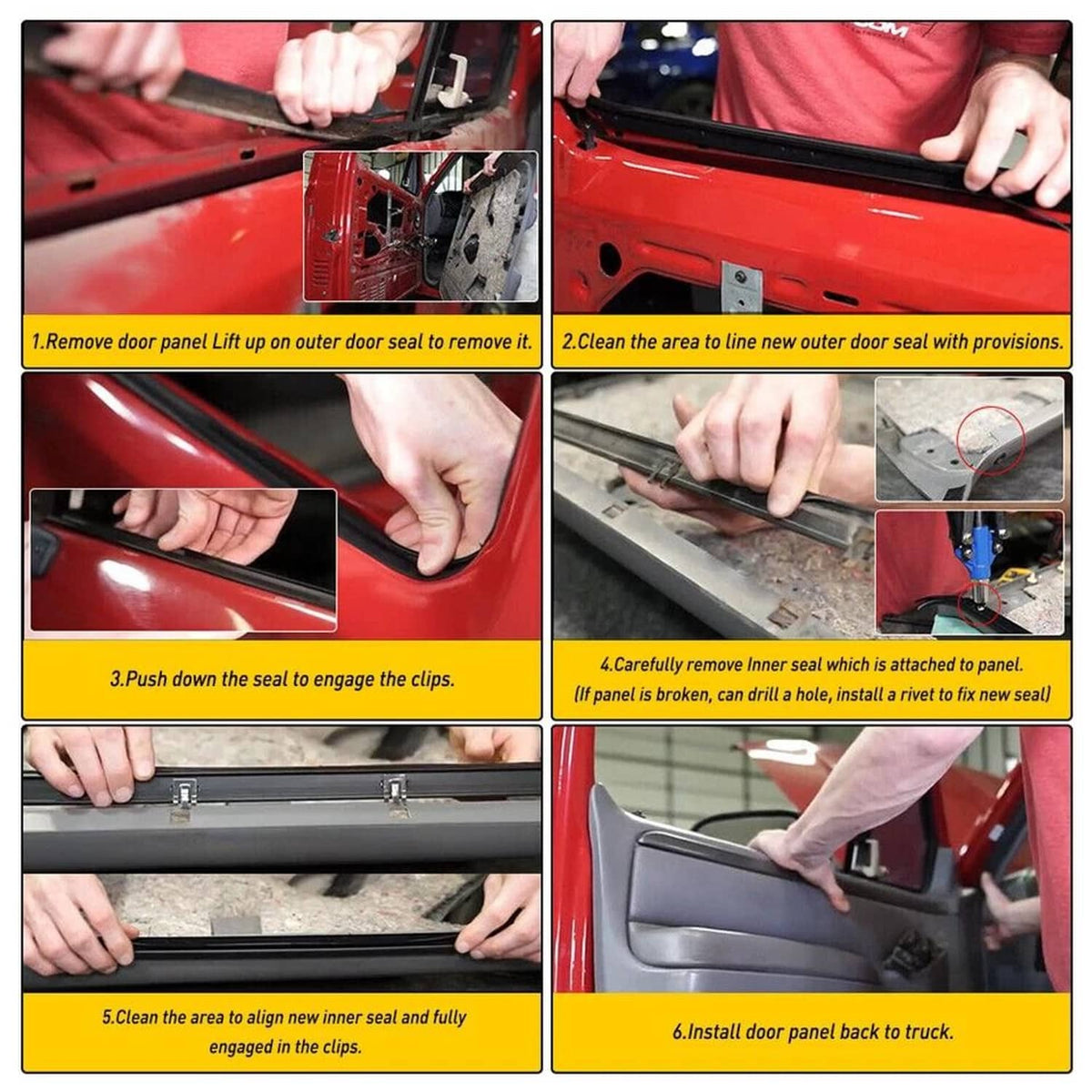 Door window seal trim installation steps showing clips being aligned on the door