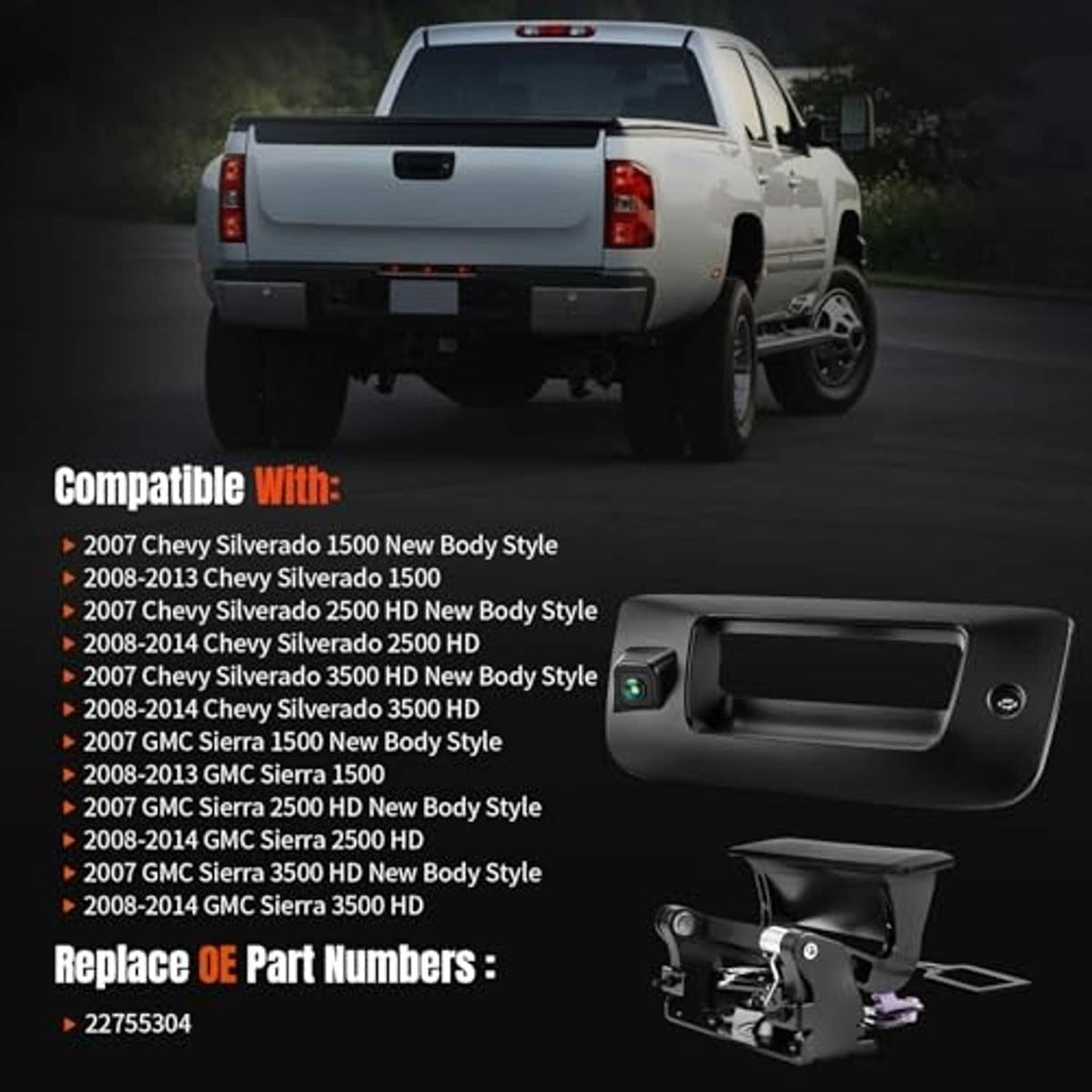 Tailgate backup camera bezel mounted on a vehicle tailgate, black housing with lens.