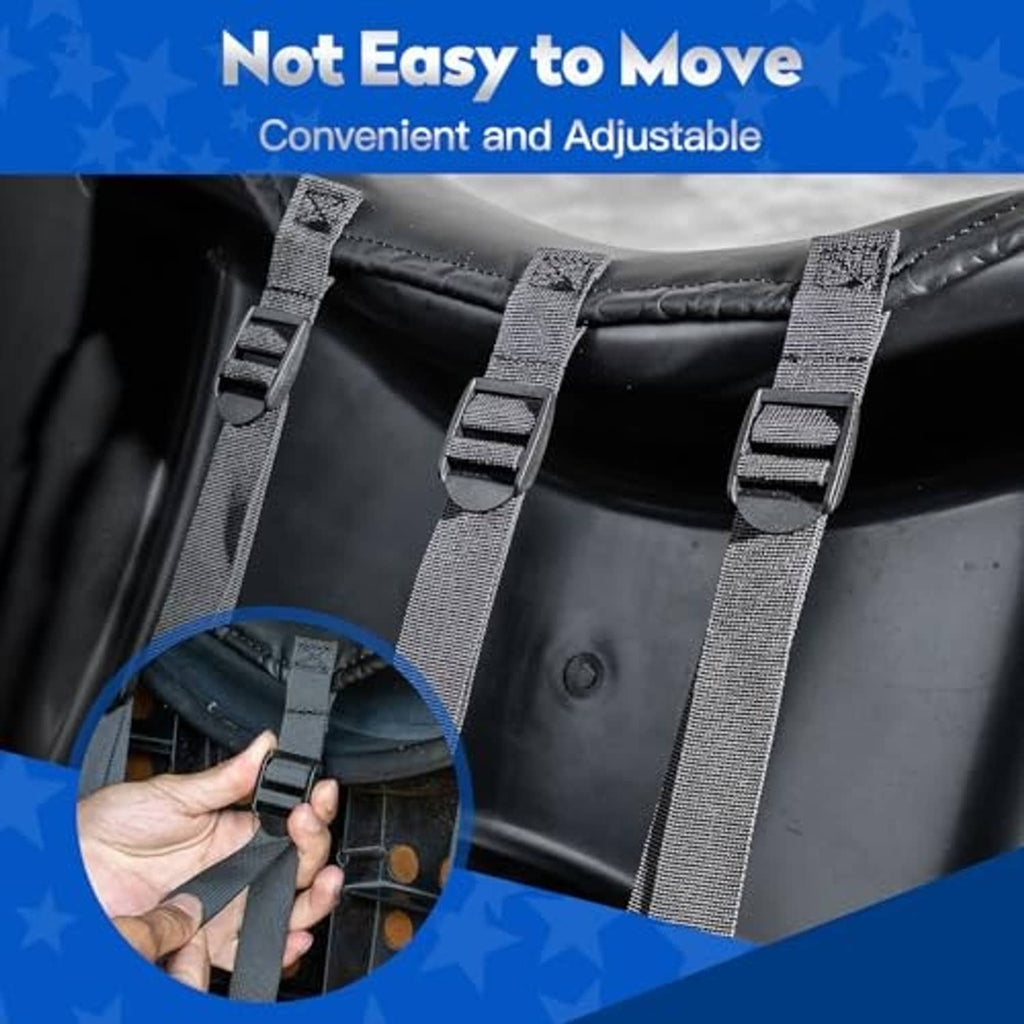 Adjustable strap buckles securing black seat cover on golf cart