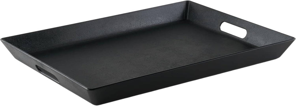 Rectangular black serving tray with non-slip texture, raised rim, and handle cutout