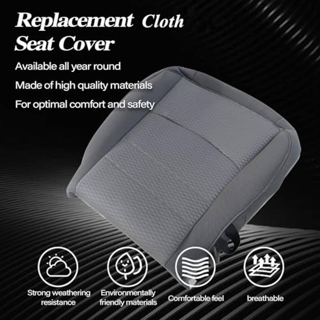 Replacement cloth seat cover in dark gray with foam cushion, textured angled view.