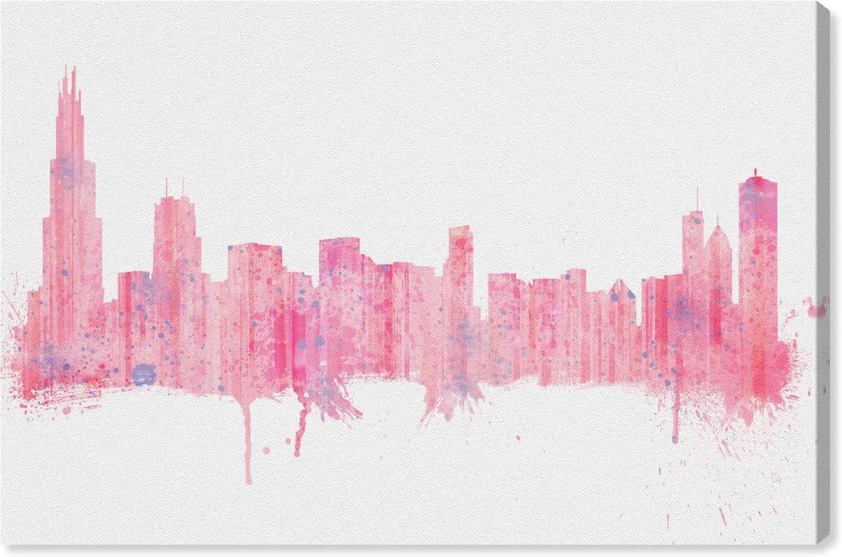Wrapped canvas wall art with pink city skyline illustration and splatter paint finish