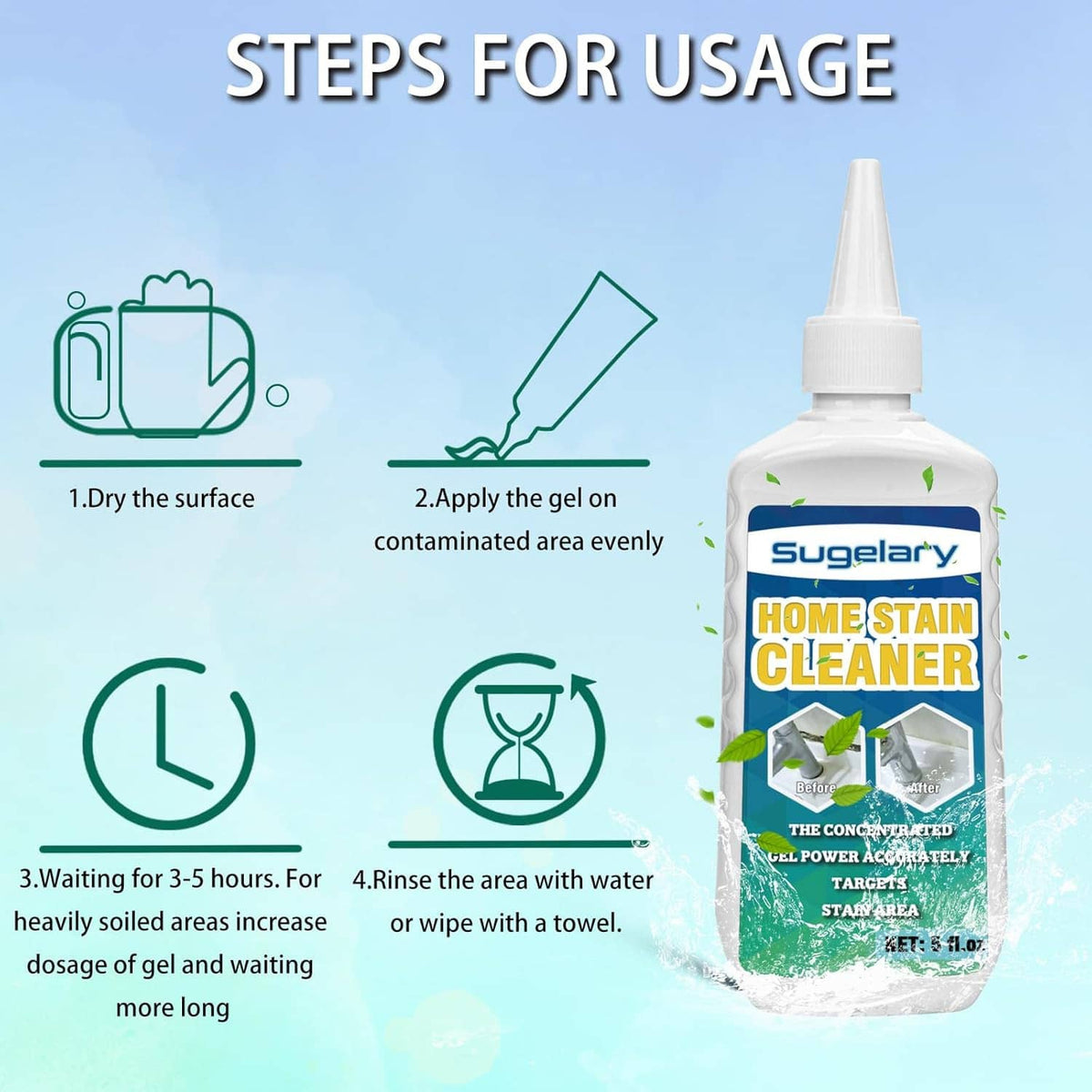 Mold stain cleaner gel bottle with usage steps and rinse directions
