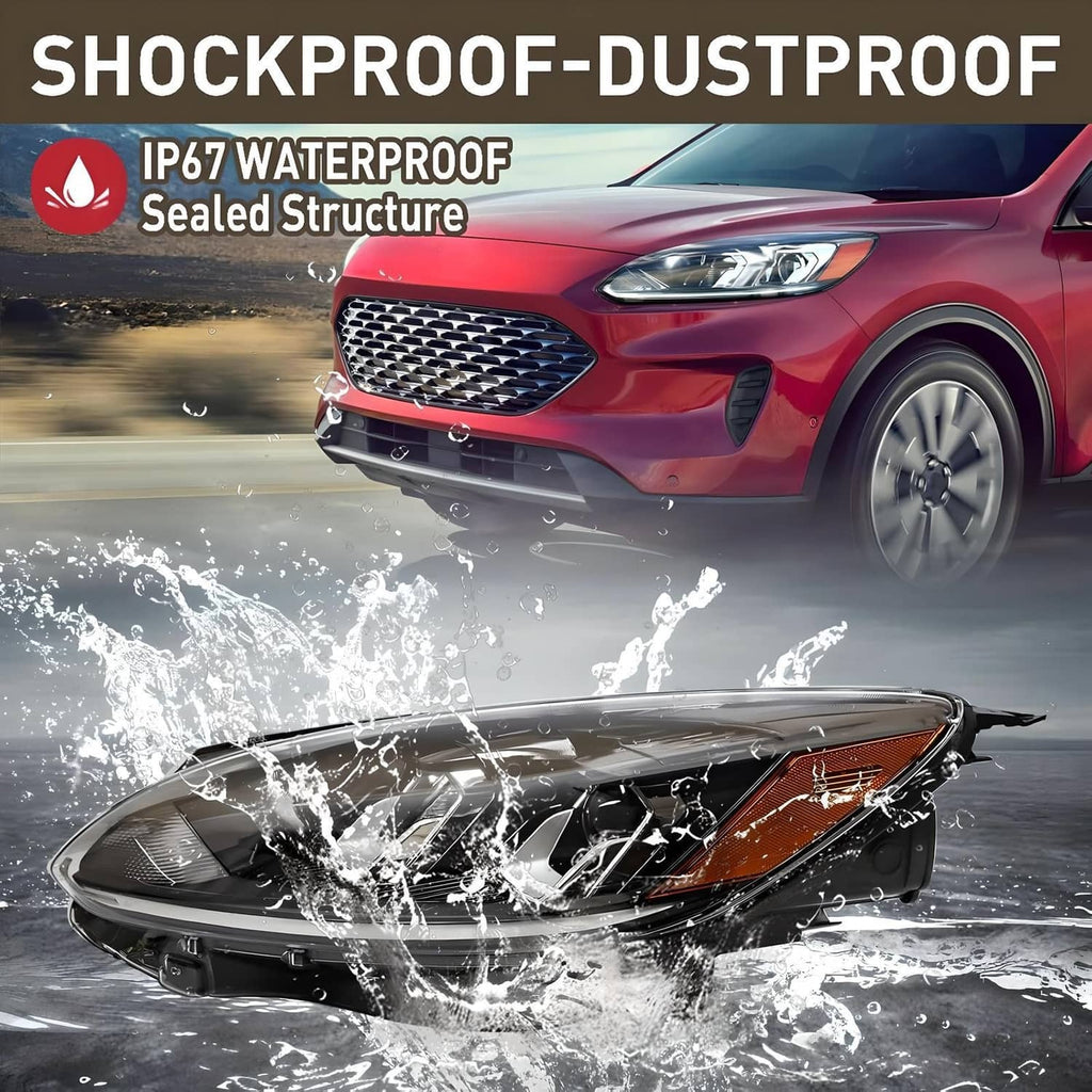 Left halogen headlight assembly with clear lens and amber corner marker, splash-protection themed