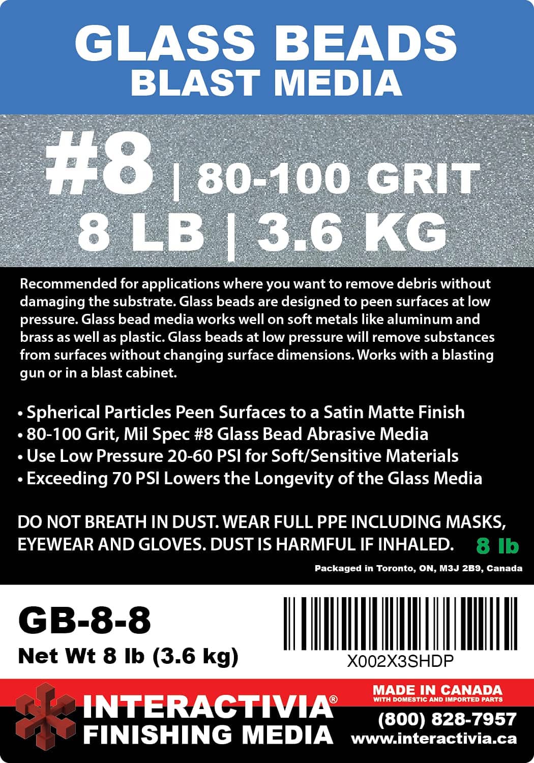 Glass beads blast media label: #8, 80-100 grit, 8 lb (3.6 kg)