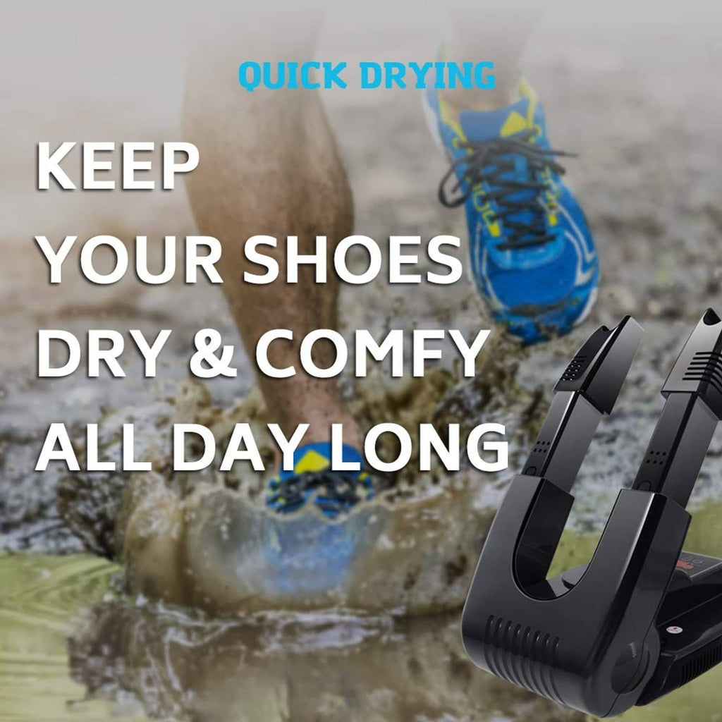 Shoe ozone dryer with two drying arms, positioned near a wet sneaker