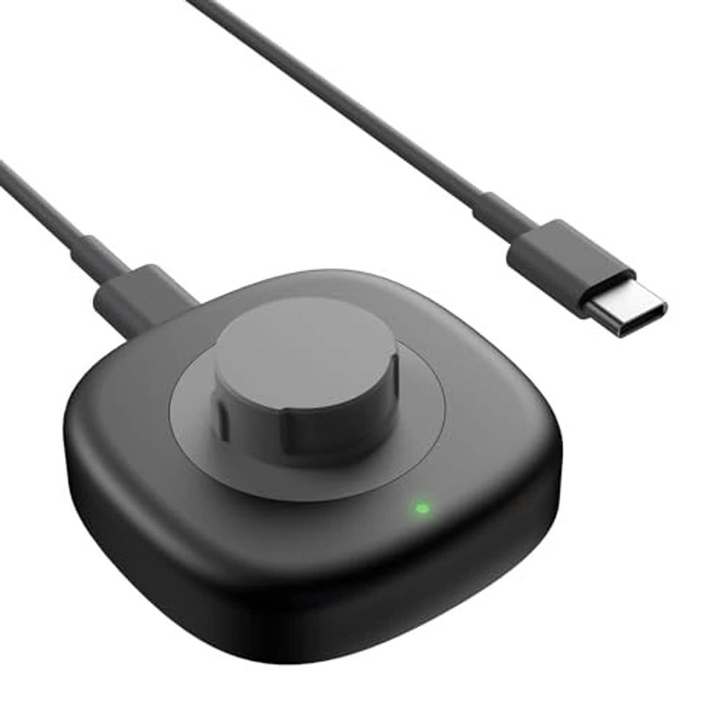 Round black charging base with magnetic cradle and USB-C connector cable