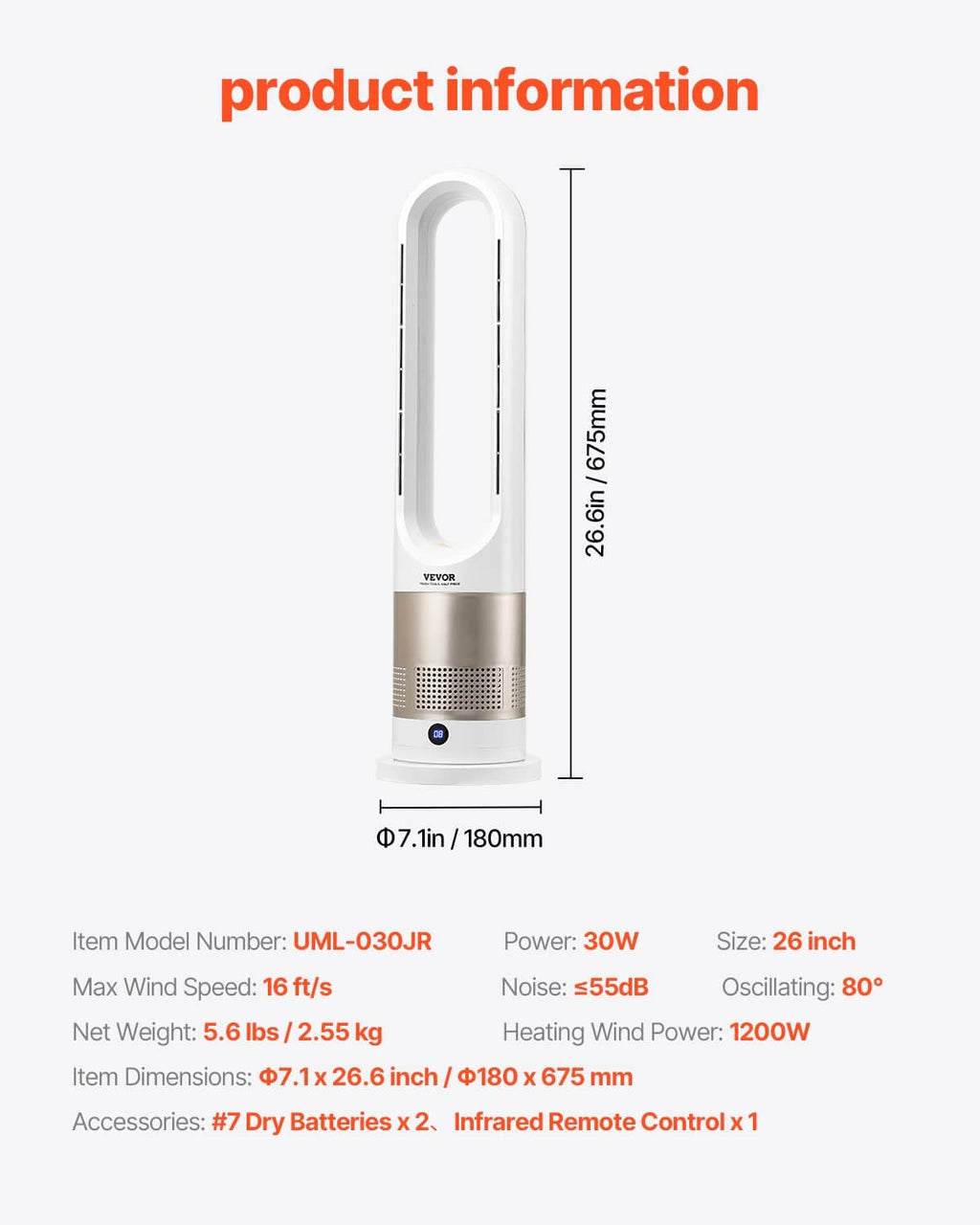 Uimoso bladeless tower fan heater with size and power information diagram
