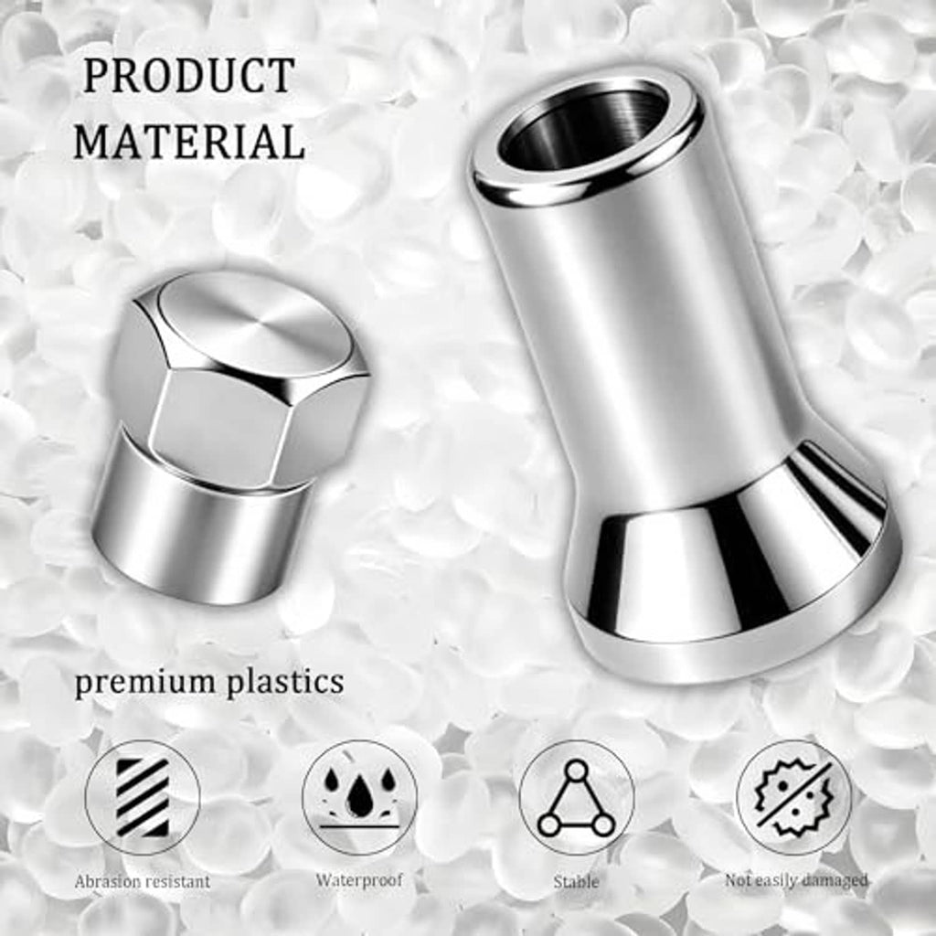 Chrome valve stem cap with hex top and cylindrical plastic body; glossy finish