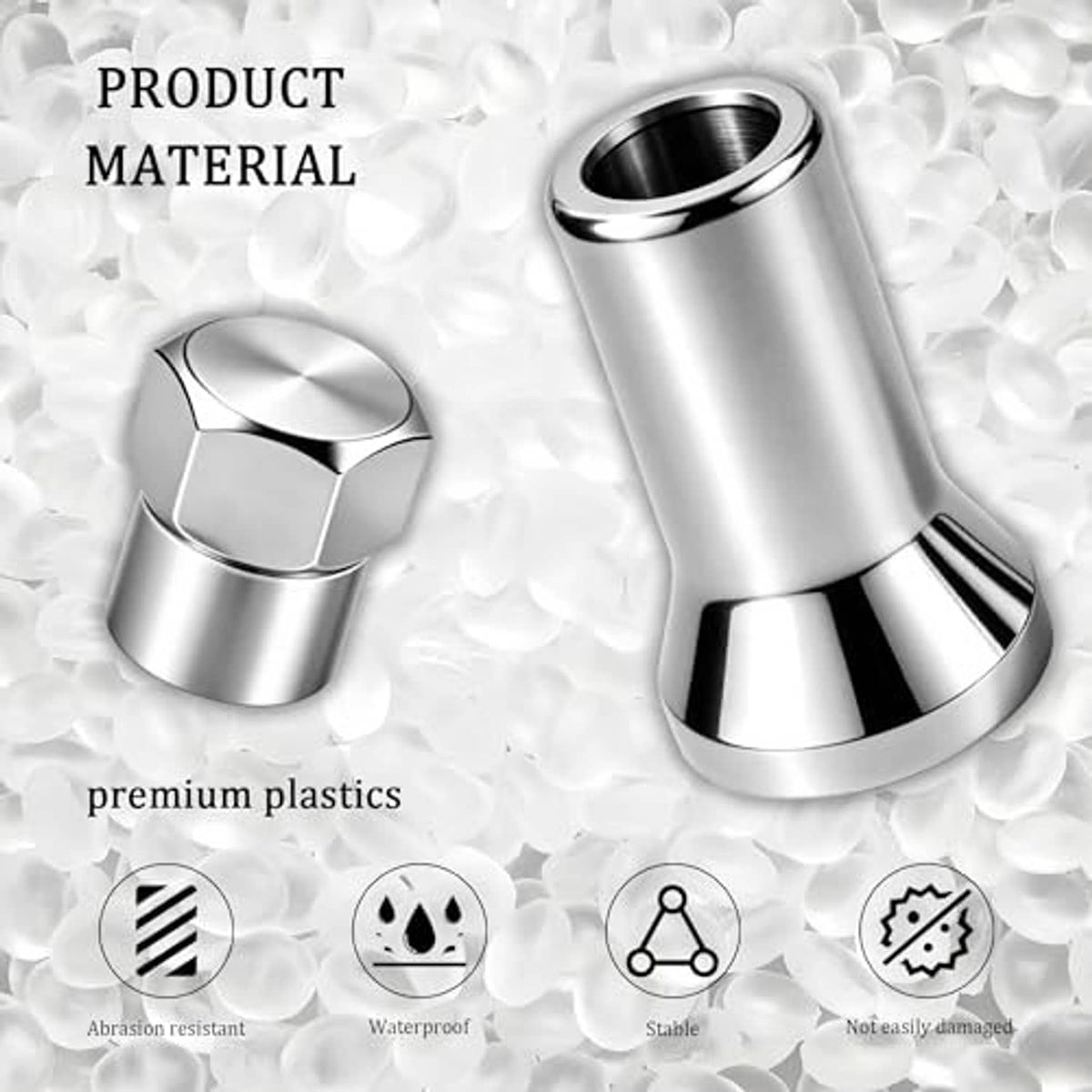 Chrome valve stem cap with hex top and cylindrical plastic body; glossy finish