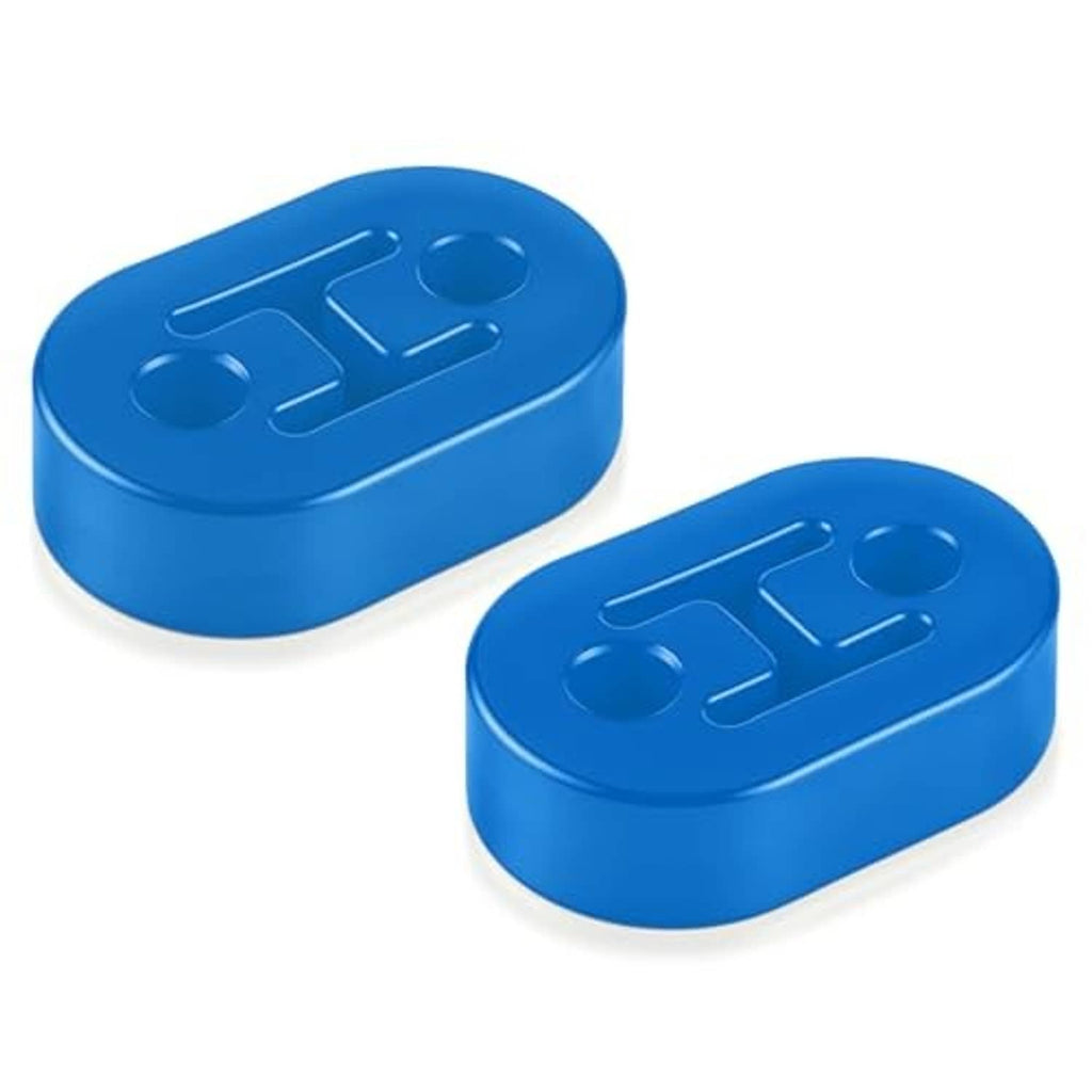 Set of two blue rubber exhaust hangers with raised grip lettering on domed top