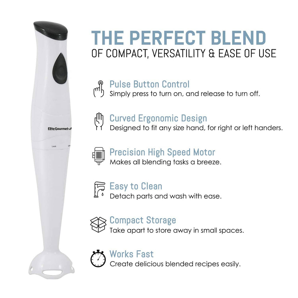 White electric immersion blender with black button and curved ergonomic base