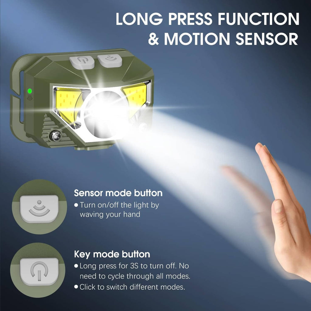 Green camo LED headlamp with motion-sensor glow and side sensor indicator lights