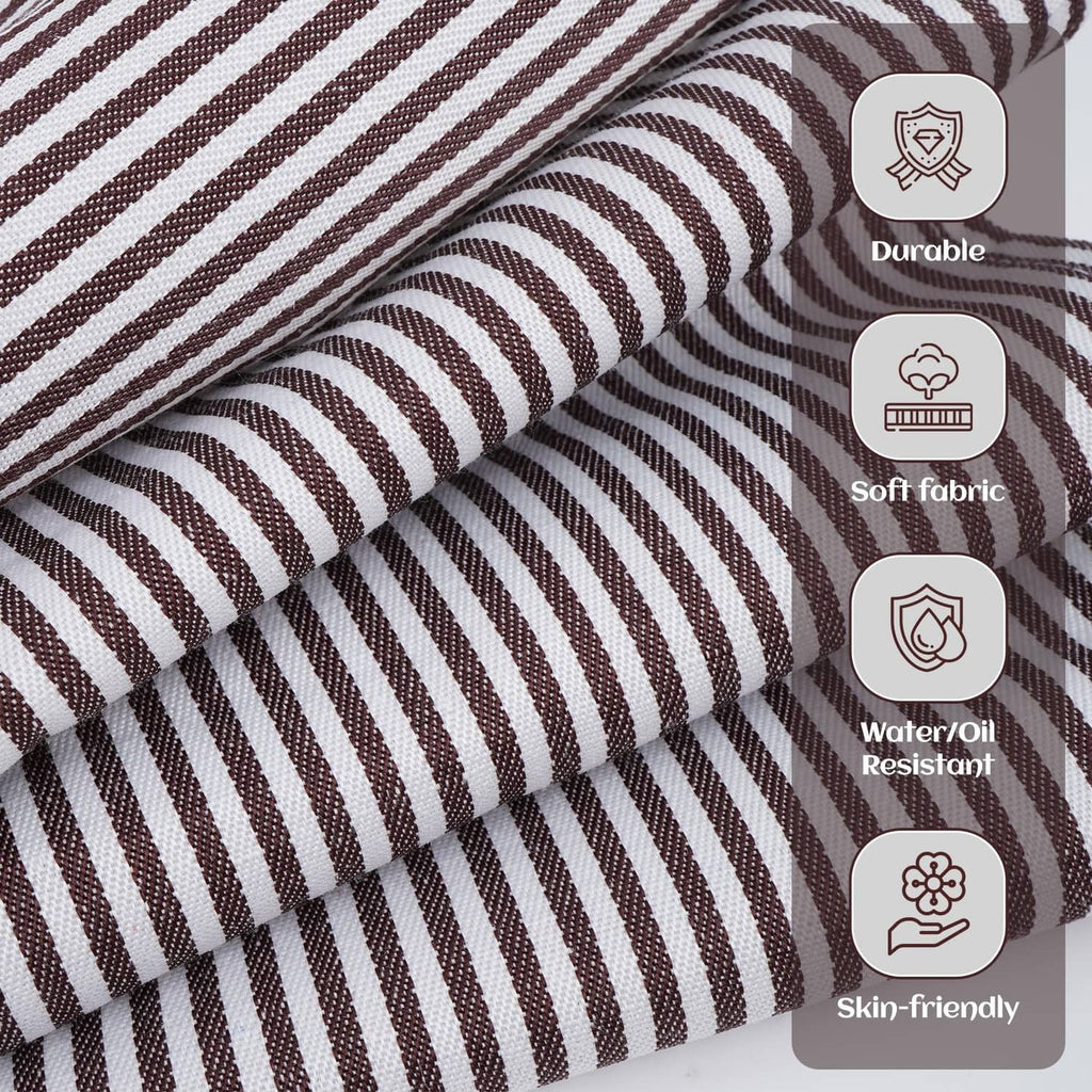 Brown-and-black pinstripe apron fabric, woven stripe pattern close-up