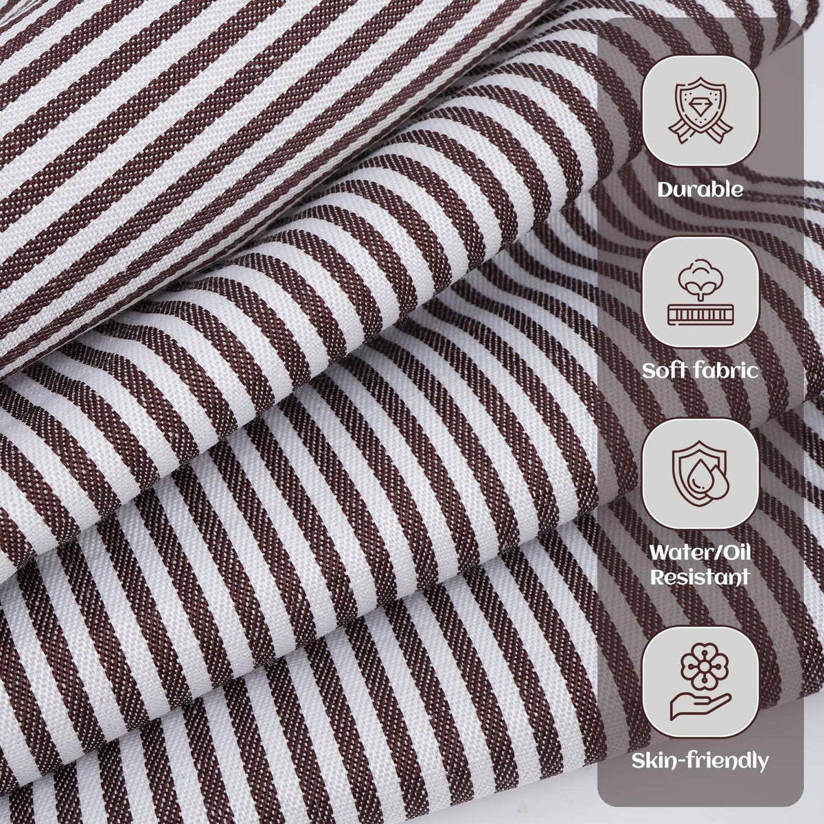 Brown-and-black pinstripe apron fabric, woven stripe pattern close-up