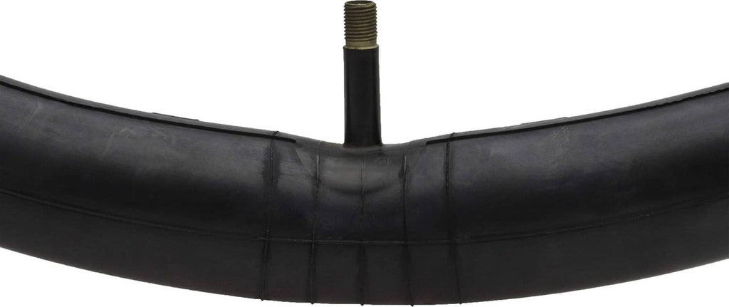 Black bicycle inner tube, close-up view with valve stem