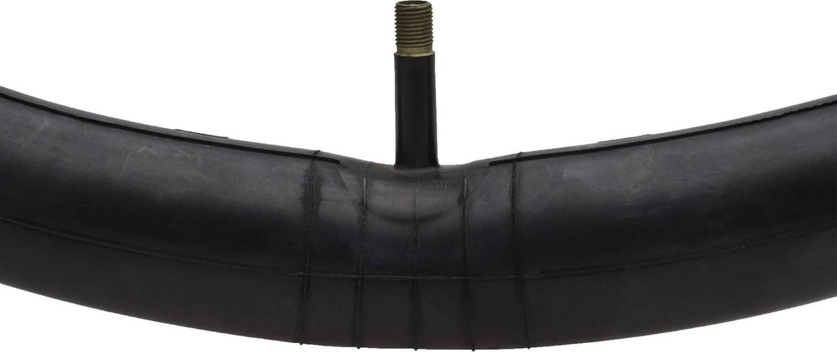 Black bicycle inner tube, close-up view with valve stem