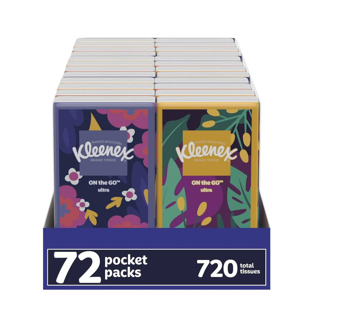Kleenex On-the-go facial tissues box with floral pocket packs, 72 count