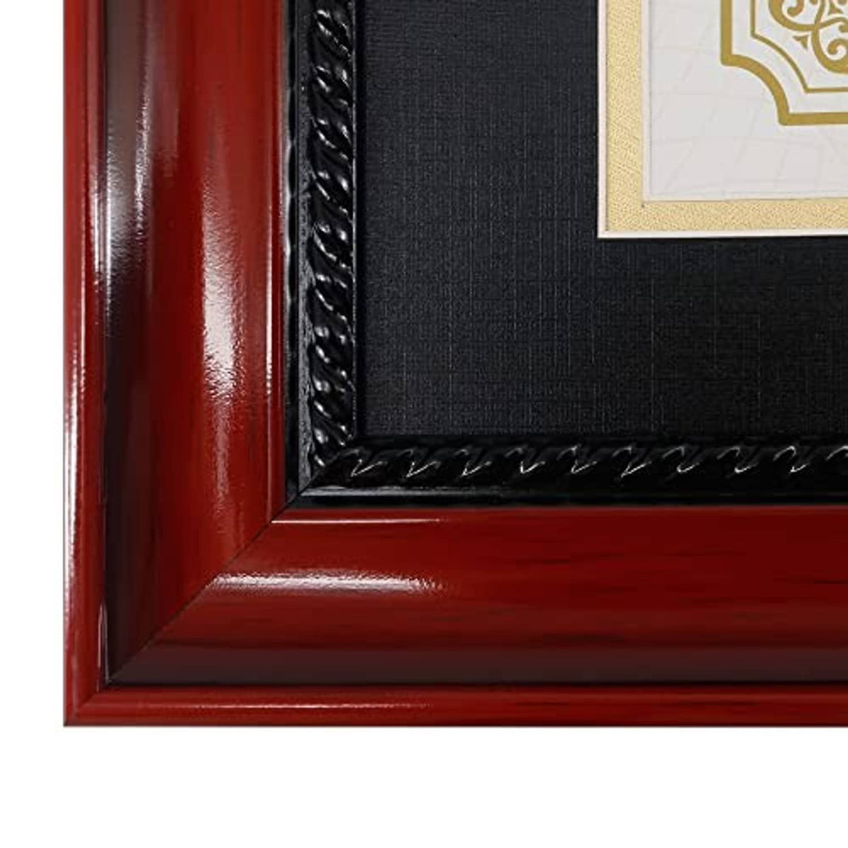 Cherry wood diploma frame corner with braided dark border and glossy finish