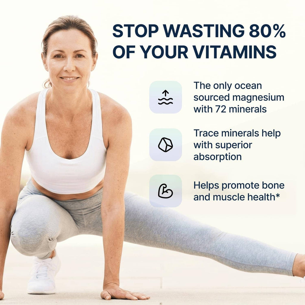 Magnesium supplement lifestyle infographic with seated woman and bone and muscle support