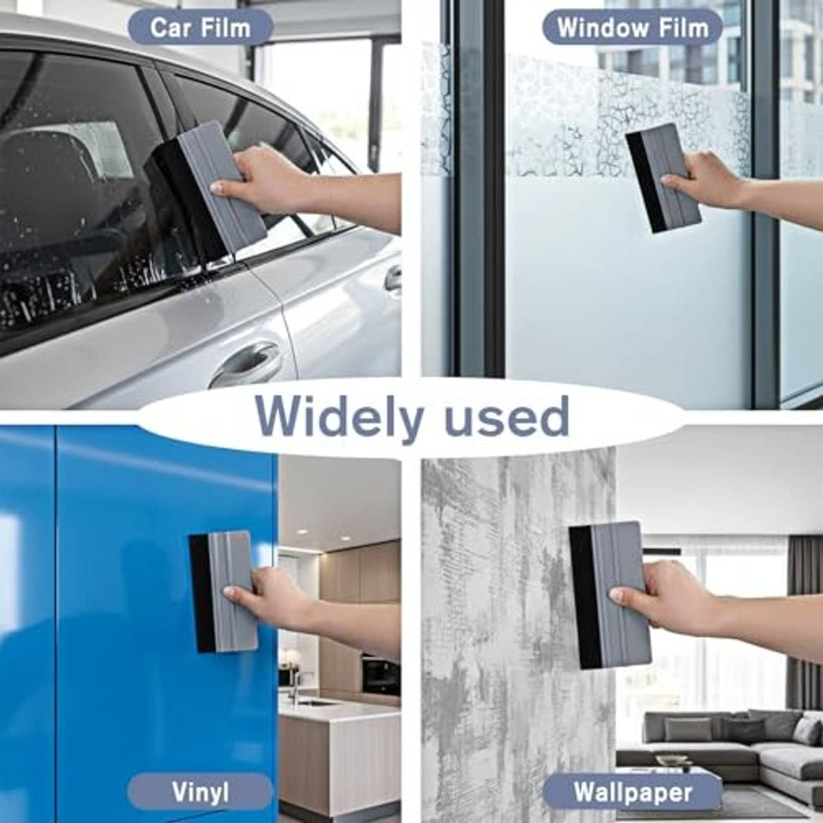 Gray squeegee with black felt pad smoothing film on glass and window surfaces.