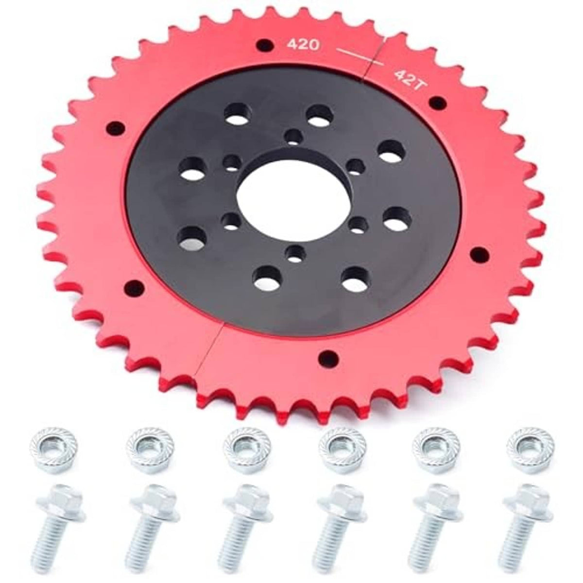 Red chain sprocket with black center plate and multiple mounting holes