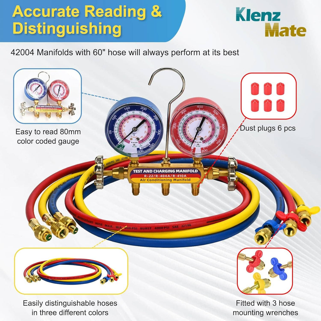 HVAC manifold set with two dial gauges, brass manifold, color-coded hoses and dust plugs