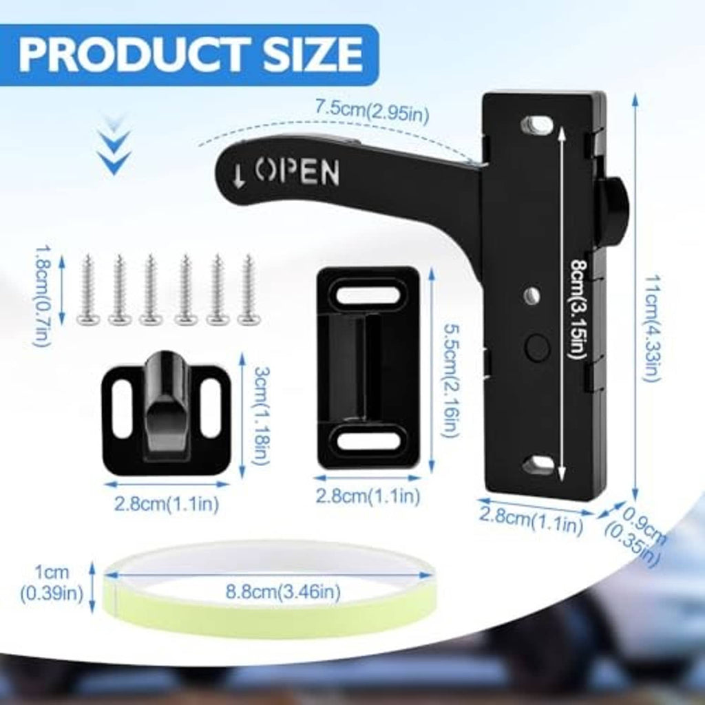 Black RV screen door latch with open handle, base bracket, and included hardware screws