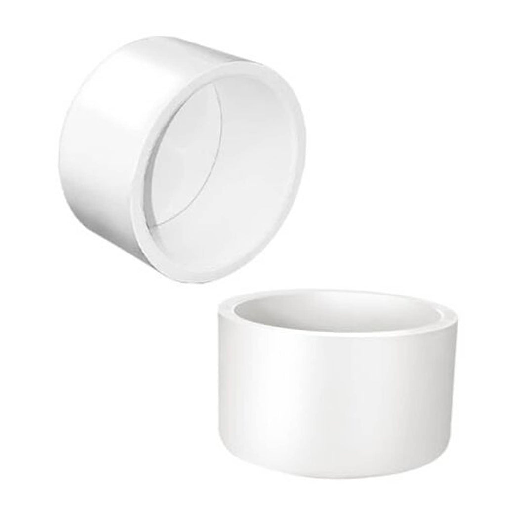 White PVC pipe end cap plug with open round interior, socket-style fitting